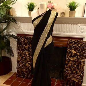 Indian black georgette Saree sequins gold border